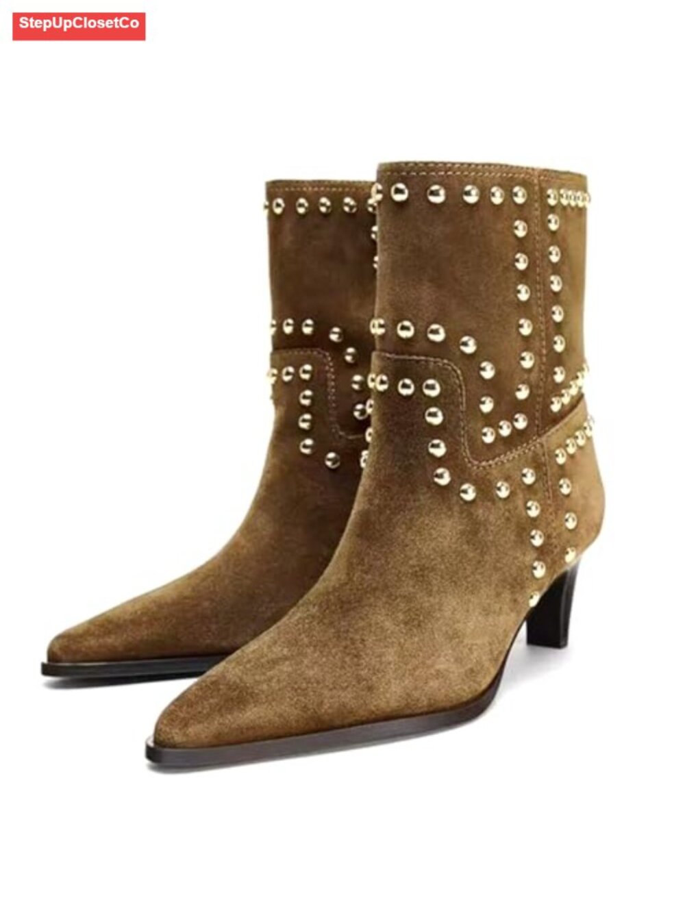 Suede Studded Kitten Heel Ankle Boots Pointed Toe Pull On Booties